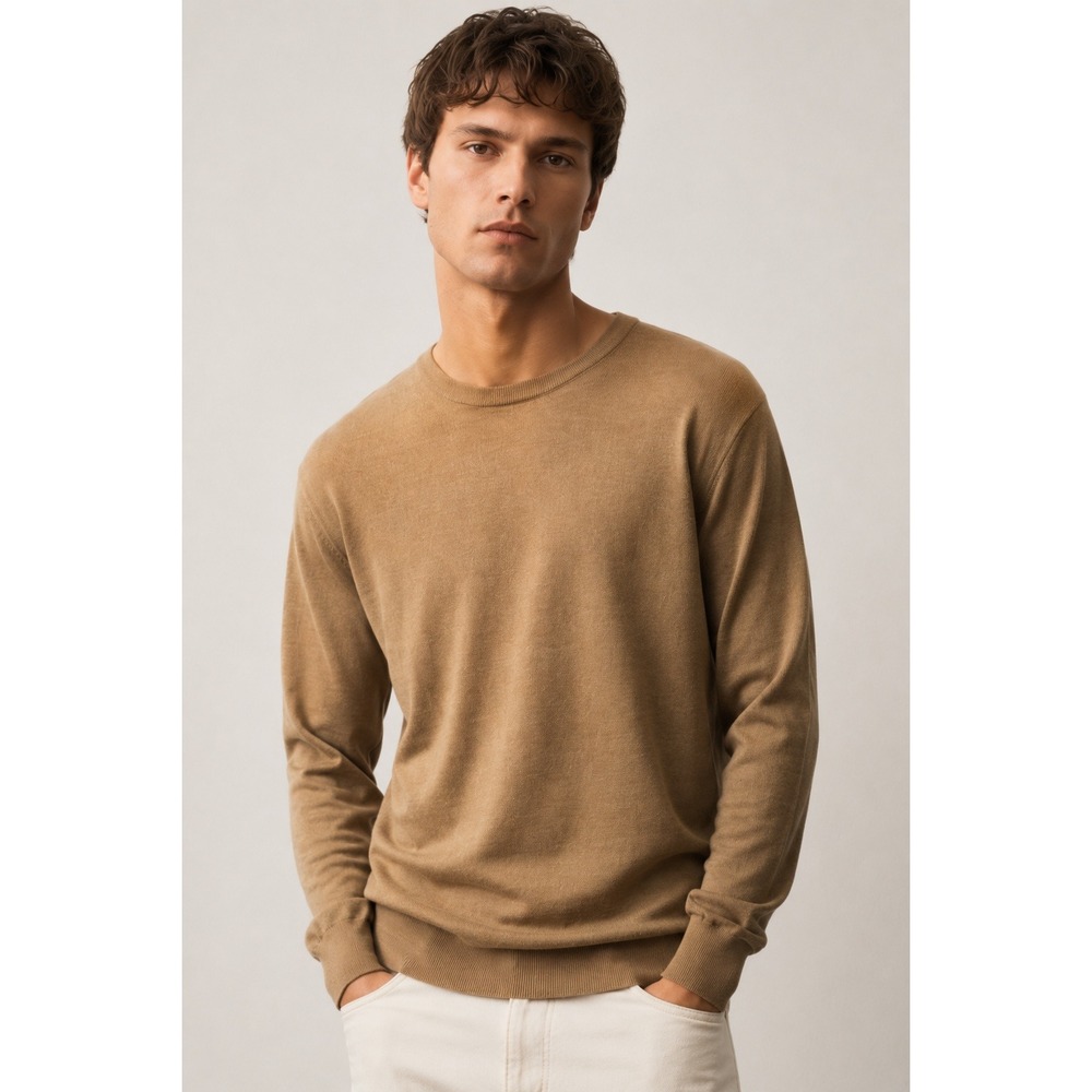 Zara Men's Large 100% Extrafine Wool Crewneck Sweater Camel Brown Quiet Luxury